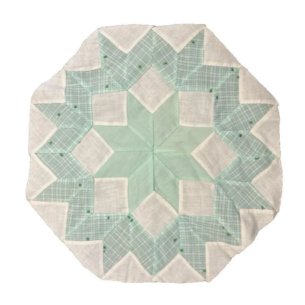 Vintage Hand Pieced Quilt Block Orphan Square 8-Point Star mint green 14